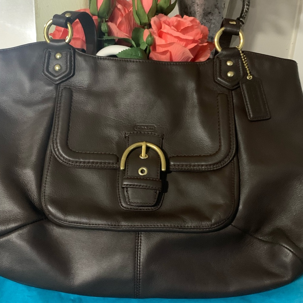 Pre Owned Coach Dark Brown Leather Shoulder Bag with Gold Accents